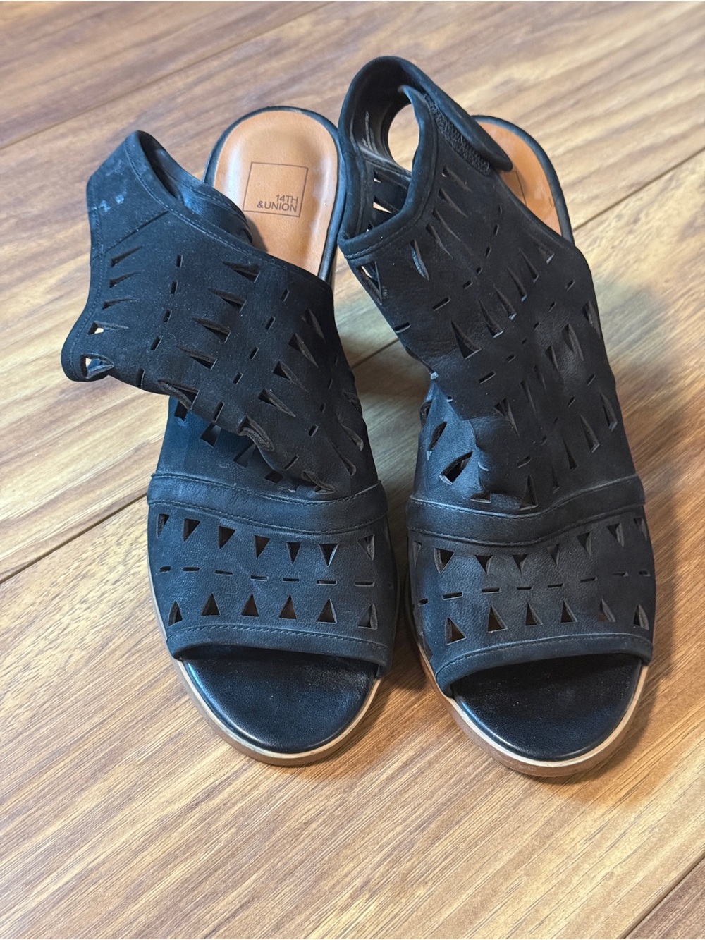 14th & Union cutout peep-toe slingback block-heel sandals in black. Laser cut.